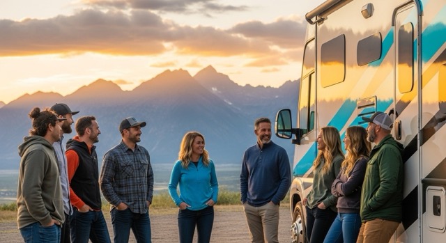 RVers gathered beside a motorhome at sunset with mountains in the background.