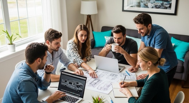 RVbig team collaborating around a table with RV design sketches.