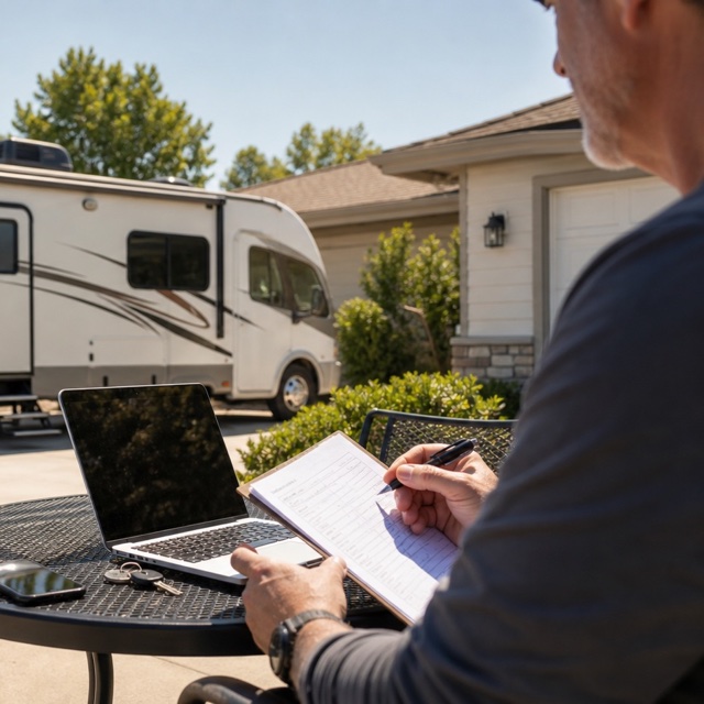RV owner reviewing valuation notes beside a well-kept motorhome
