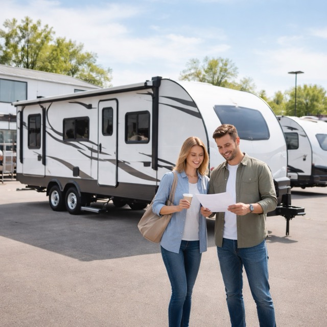 Buyer reviewing RV out-the-door quote line by line at dealership