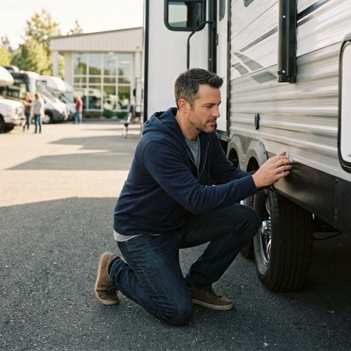 Buyer inspecting the roof seals of a used RV during a pre-purchase inspection